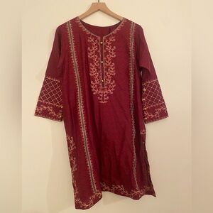 Red Indian/Pakistani Embroidered Kurta Set | Top & Pants | Small–Medium